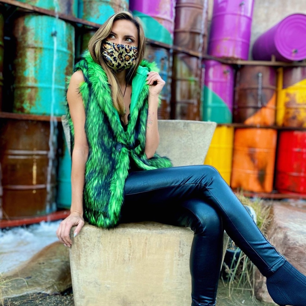 Neon Green fuzzy faux fur hooded vest